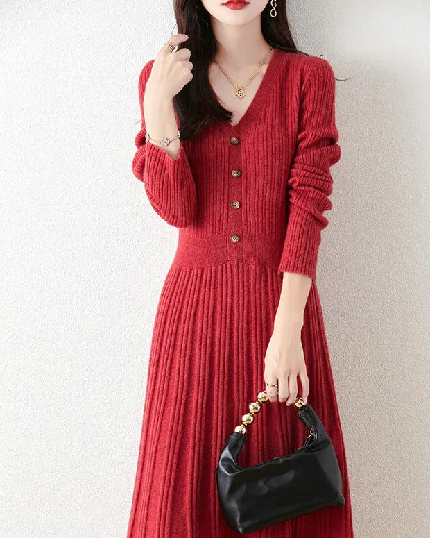 Merino Wool V-Neck Knit Midi Dress