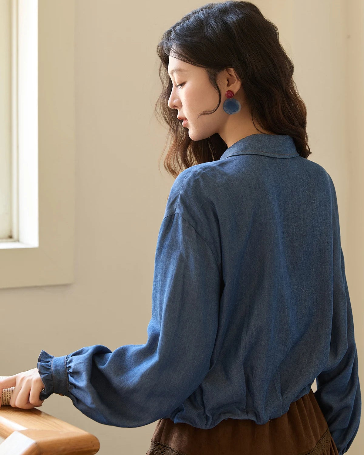 Ruffled Placket Denim Shirt