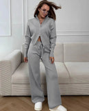 Zip-Up Cropped Knit Cardigan & Drawstring Wide-Leg Trousers Set