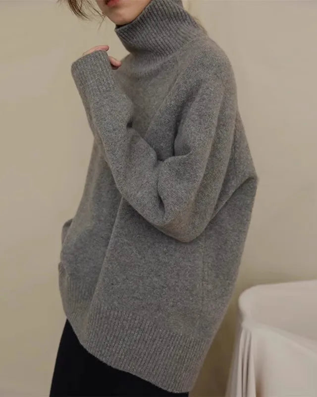 100% cashmere turtleneck pullover loose thick knit sweater. Extra-heavy, slight stretch, and luxuriously warm — a premium autumn winter jumper for women.