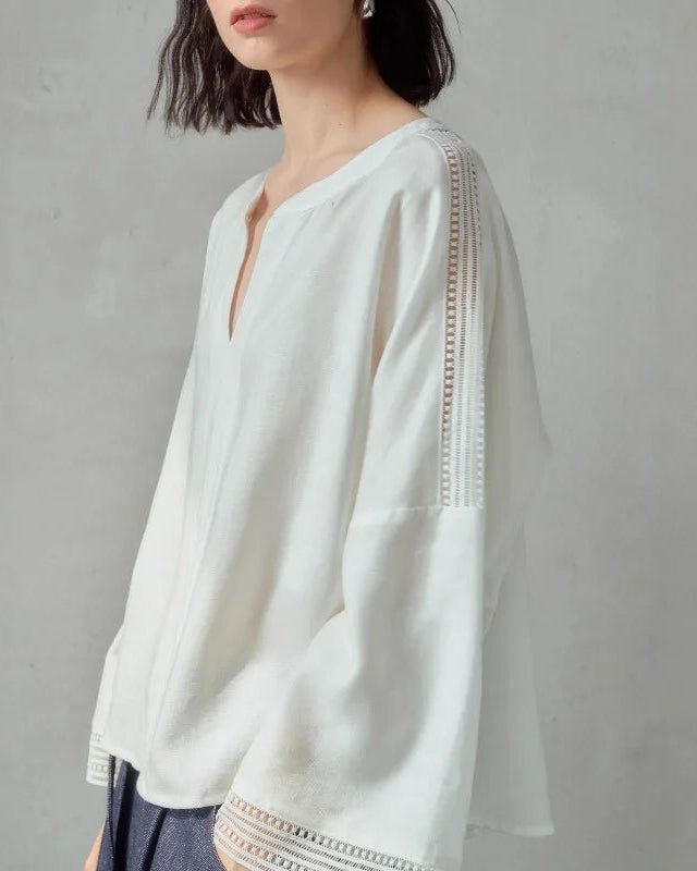 Linen V-Neck Long-Sleeved Openwork Loose Shirt