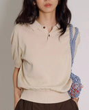 Women's lightweight ice silk knitted polo shirt with French lapel collar and button placket. Cool breathable summer top for brunch or outings.