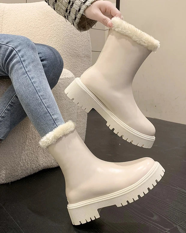 Women Plush-Lined Ankle Boots Square Heel