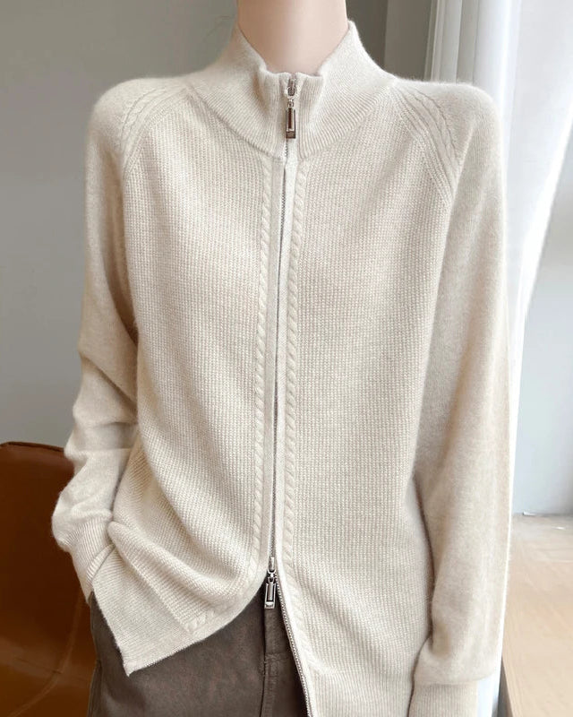 Wool Stand Collar Zip Cardigan