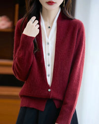 Merino Wool Solid V-Neck Fake Two-Piece Pullover Sweater
