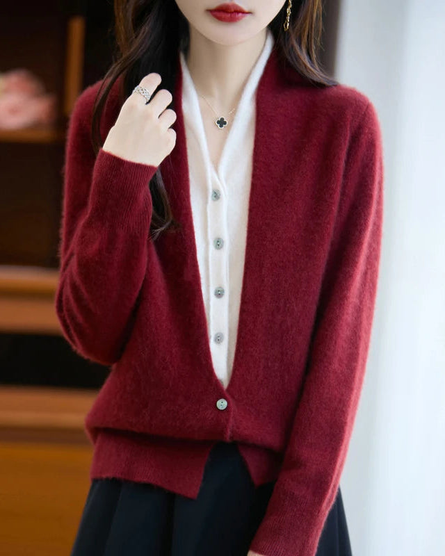 Merino Wool Solid V-Neck Fake Two-Piece Pullover Sweater