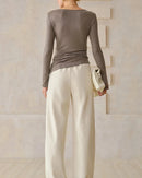 Crew Neck Long-Sleeved Irregular Slit T-Shirt