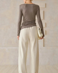 Crew Neck Long-Sleeved Irregular Slit T-Shirt