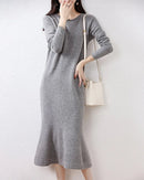 Wool Round-Neck Rolled-Hem Mermaid Long Dress