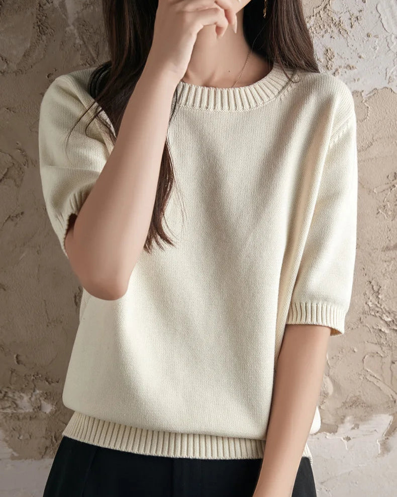 Pure Cotton Crew-Neck Short-Sleeve Knit Top