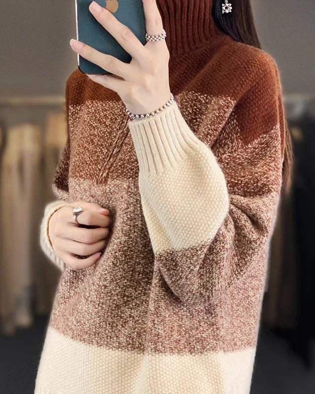 Color Block High Collar Wool Knitted Pullover Sweater