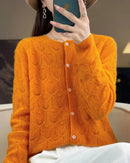 Merino Wool Round Neck Hollow Leaf Knit Cardigan Sweater