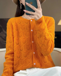 Merino Wool Round Neck Hollow Leaf Knit Cardigan Sweater