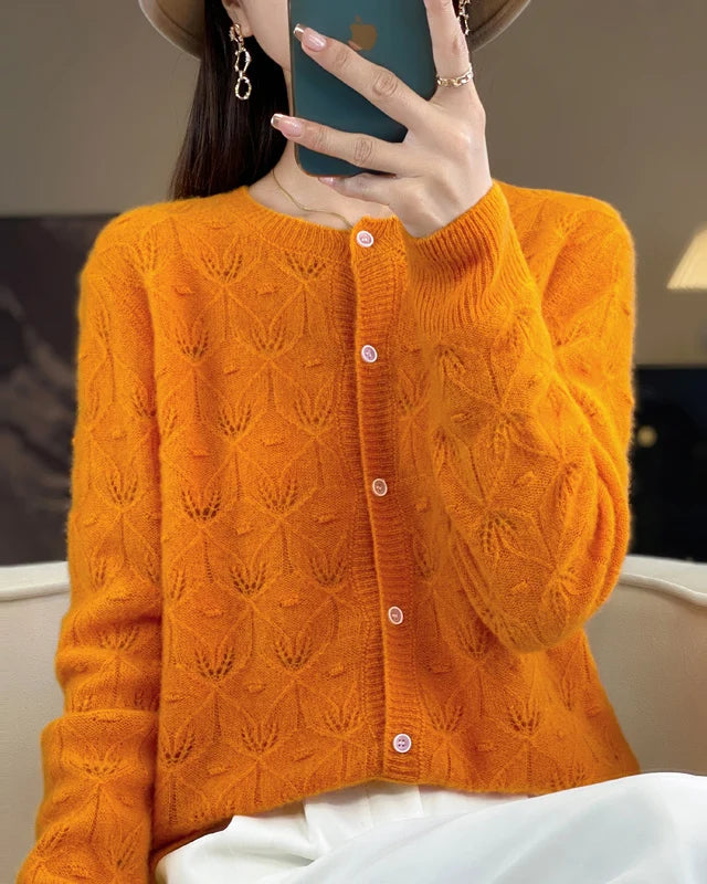 Merino Wool Round Neck Hollow Leaf Knit Cardigan Sweater
