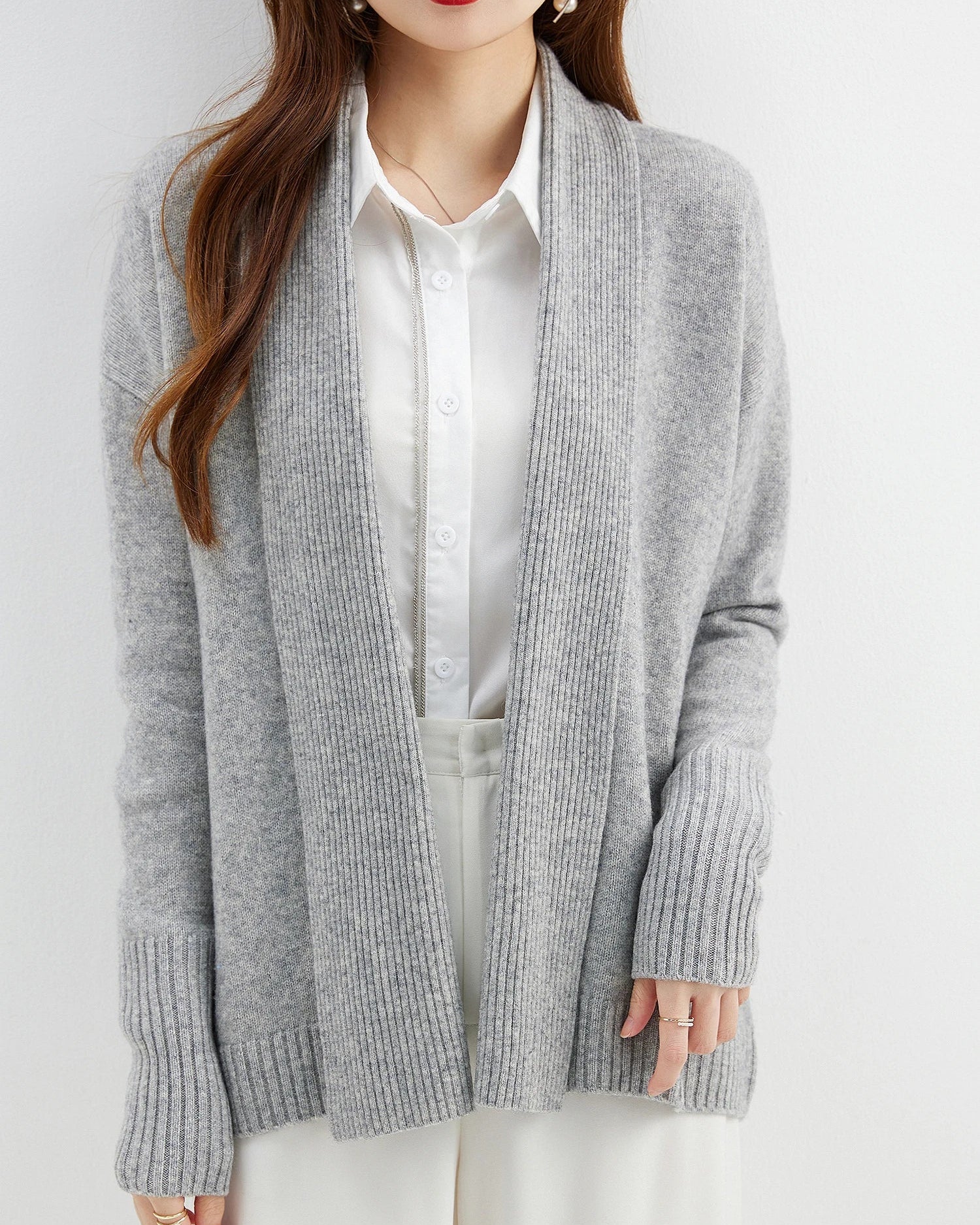 Merino Wool Solid Scarf Collar Loose Knit Cardigan