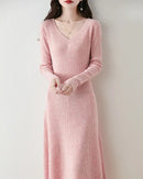 Merino Wool V-Neck A-Line Knit Dress