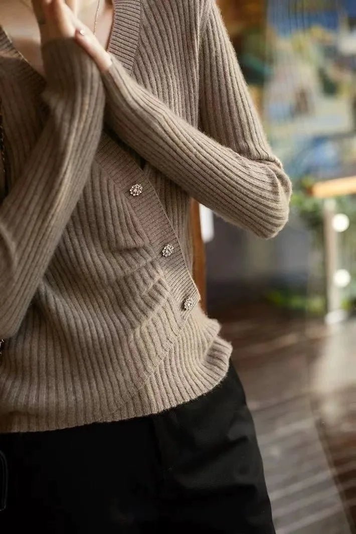 Designers' V-neck Wool Sweater with Asymmetrical Buttons