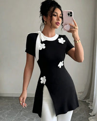 Bow tie V-neck tunic top. Soft stretch knit, flattering A-line silhouette, and elegant bow collar detail — perfect for office, casual, or evening wear.