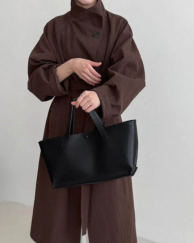 Minimalist Stand-Collar Belted Trench Coat