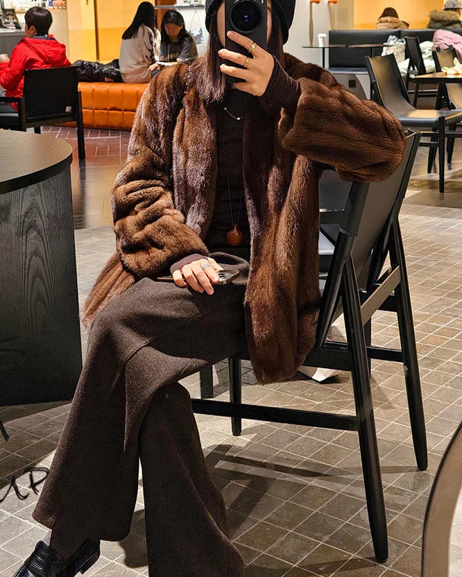 Faux Mink Fur Solid V-Neck Pocket Short Coat