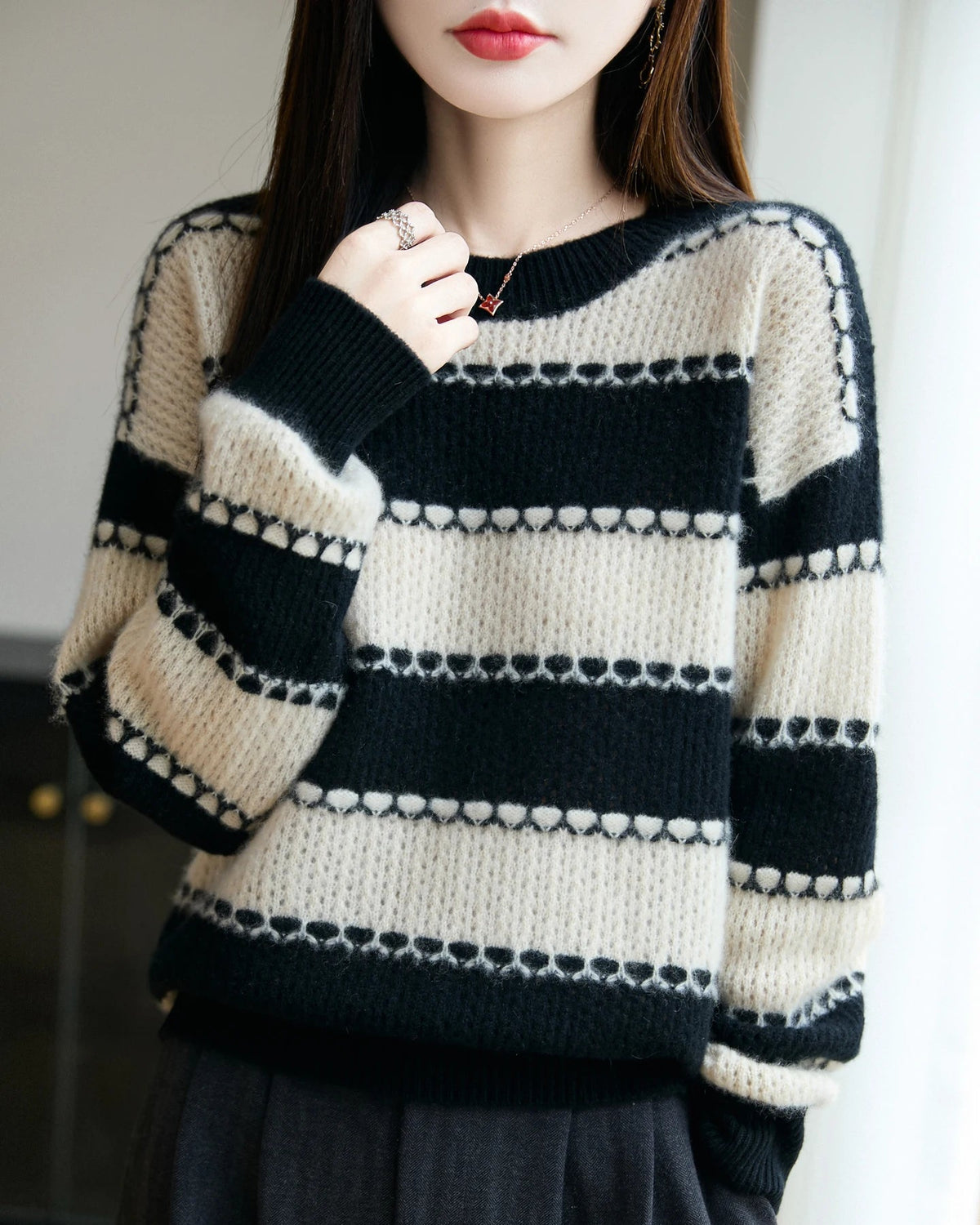 Merino Wool Stripe Block Pullover
