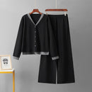 Long Sleeve V Neck Sweater+Wide Legs Pants