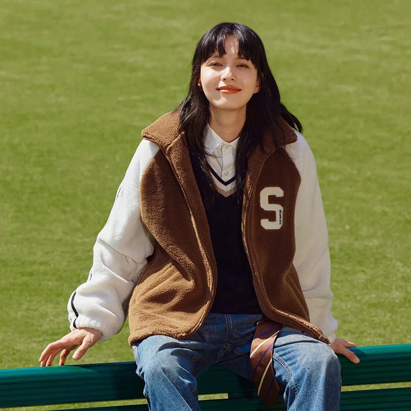 Imitation Lamb Fur Color Block Loose Letter Jacket