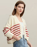 Dropped-Shoulder V-Neck Striped Cardigan Sweater