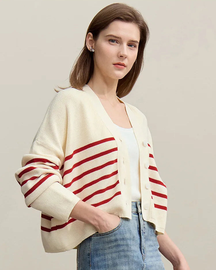 Dropped-Shoulder V-Neck Striped Cardigan Sweater