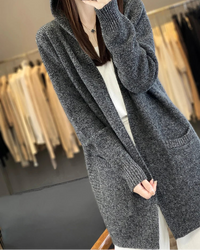 100% Merino Wool Hooded Loose Mid-Long Open Cardigan Coat