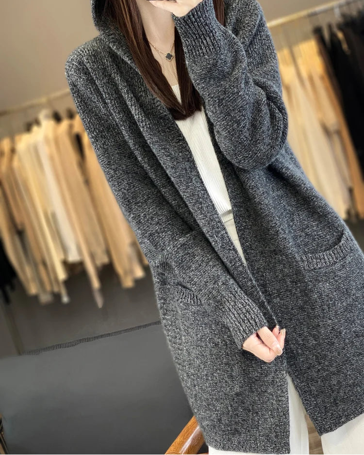 100% Merino Wool Hooded Loose Mid-Long Open Cardigan Coat