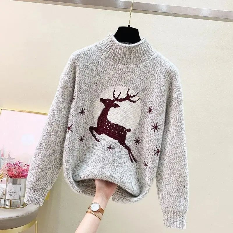 Elk printed Mink Velvet Mock Neck Sweater