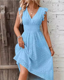 V-Neck Lace Waist Flare Sleeve A-Line Beach Dress