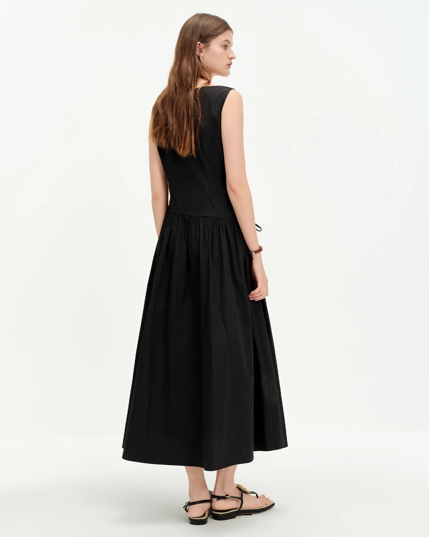 Asymmetric Neckline Woven Cotton Midi Dress