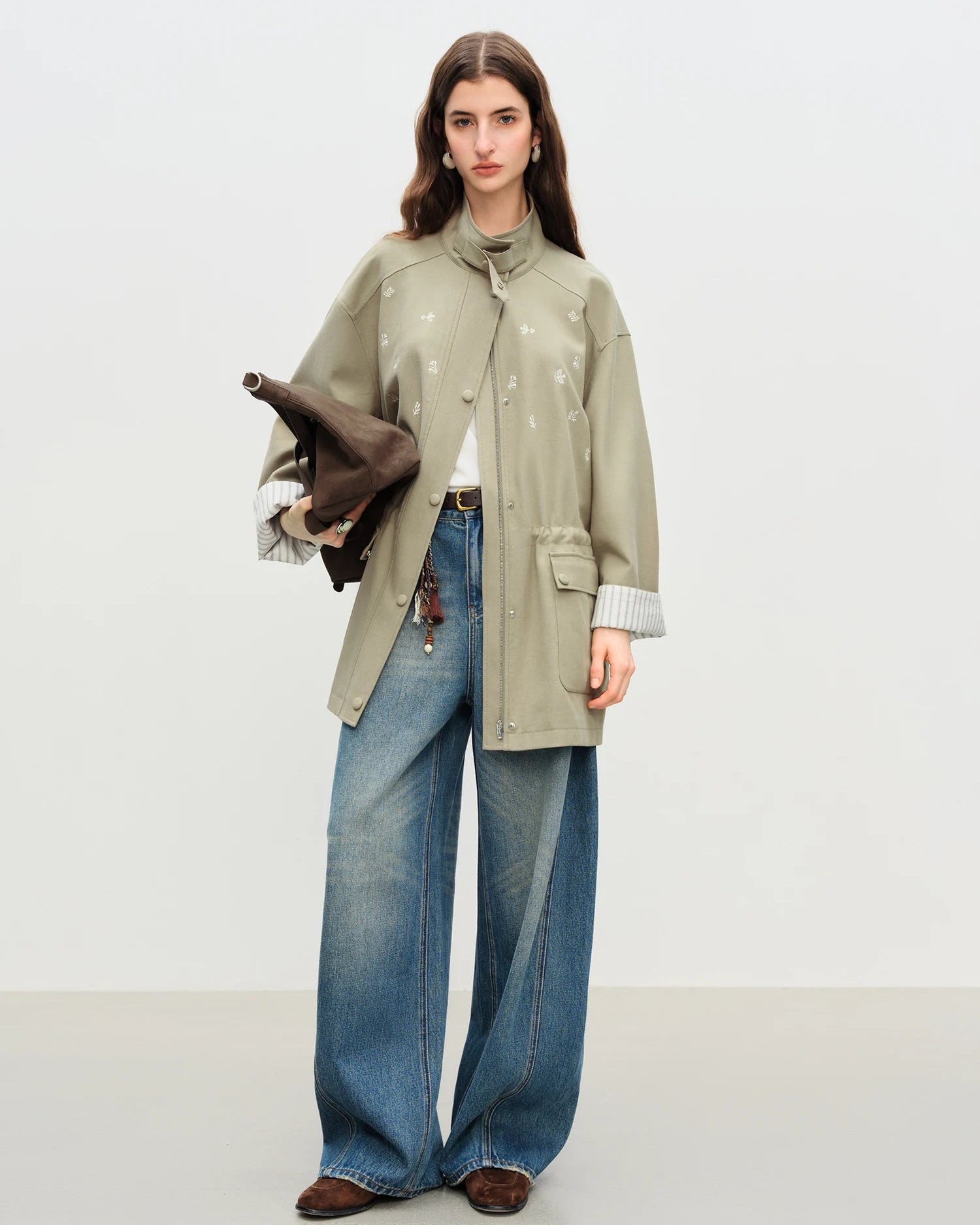 New Embroidered Stand-Up Collar Loose Coat