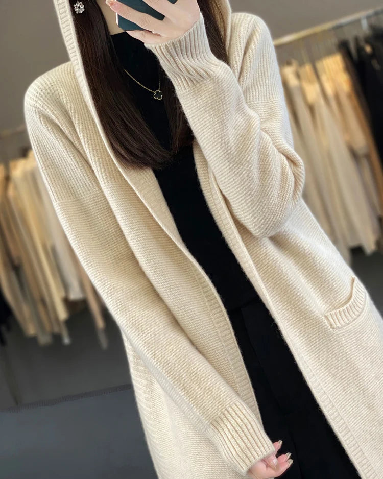 100% Merino Wool Hooded Loose Mid-Long Open Cardigan Coat