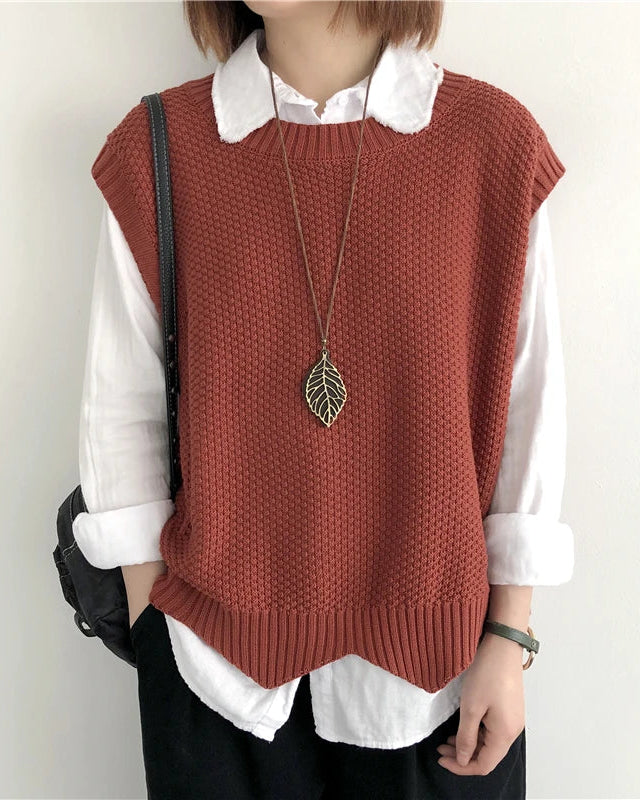 Loose-Knit Cotton Crew-Neck Vest