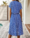 Polka Dot Short Sleeve Drawstring High-Waist Dress