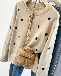Heart Motif Crewneck Knit Cardigan