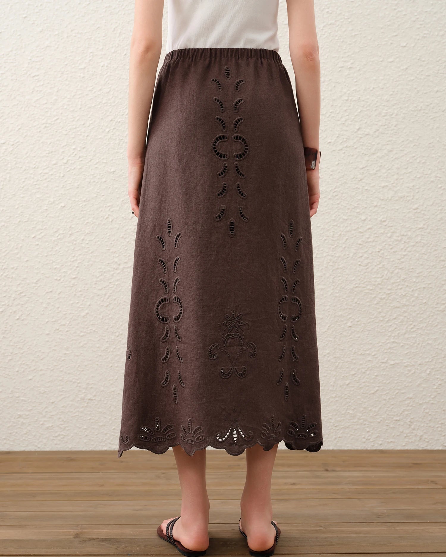 Linen Embroidered A-Line Midi Skirt