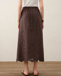Linen Embroidered A-Line Midi Skirt