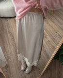 Satin And Lace-Paneled A-Line Midi Skirt