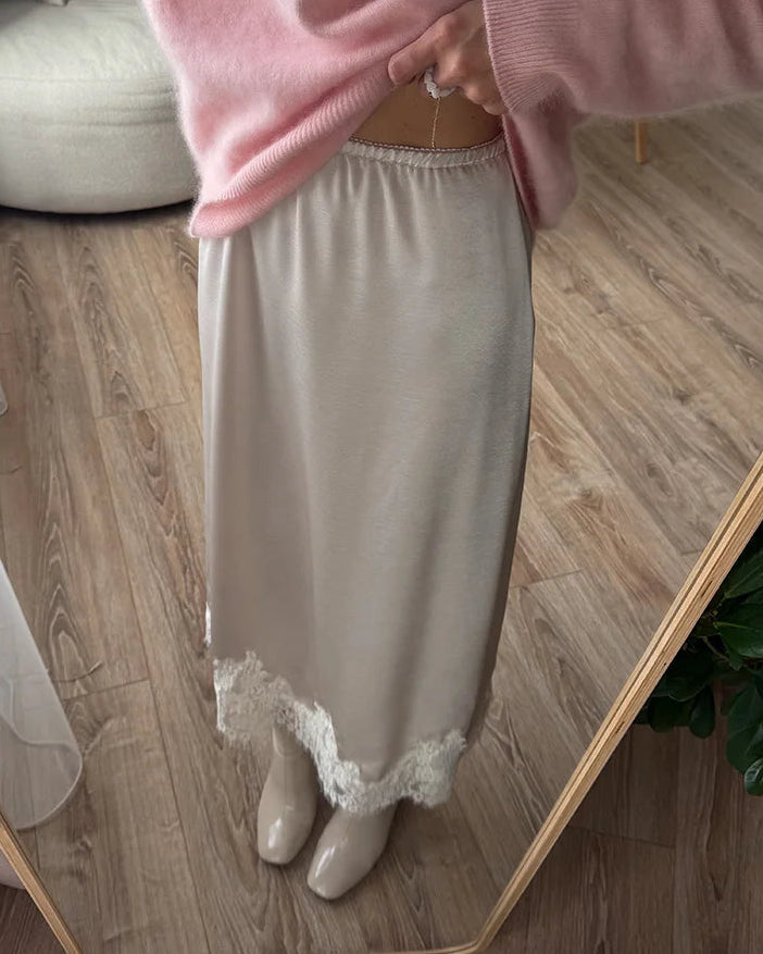 Satin And Lace-Paneled A-Line Midi Skirt