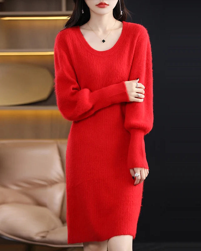 Mink Cashmere O-Neck Lantern Sleeve Striped Pullover Sweater Dress