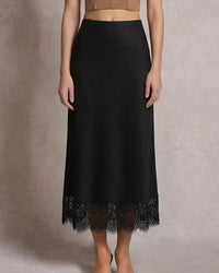 Satin Lace Trim A-Line Maxi Skirt