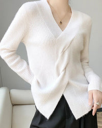 Wool V-Neck Crossover Pullover Sweater