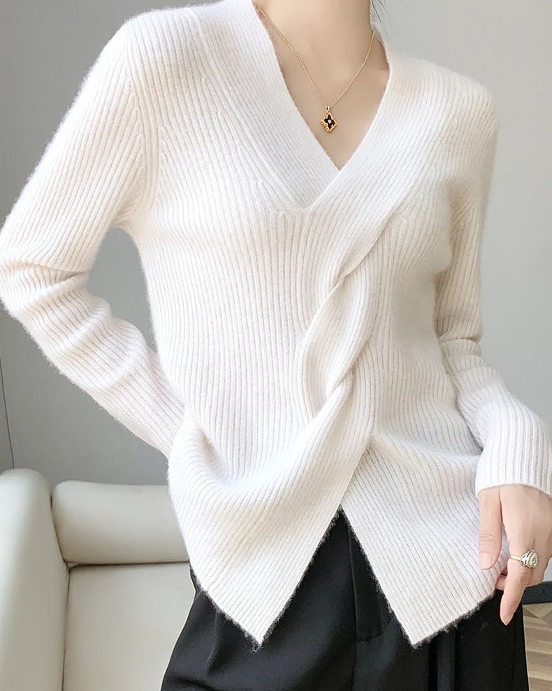 Wool V-Neck Crossover Pullover Sweater