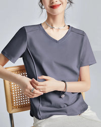 Women's mercerized cotton V neck t-shirt with raised 3D stitching. Soft cotton elastane knit, slim straight fit. Polished summer ease for office or weekend. 