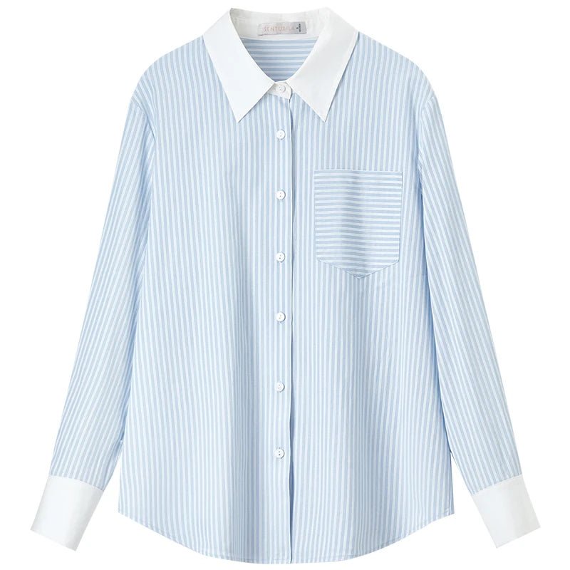 Striped Straight-Cut Long-Sleeved Shirt With Pockets