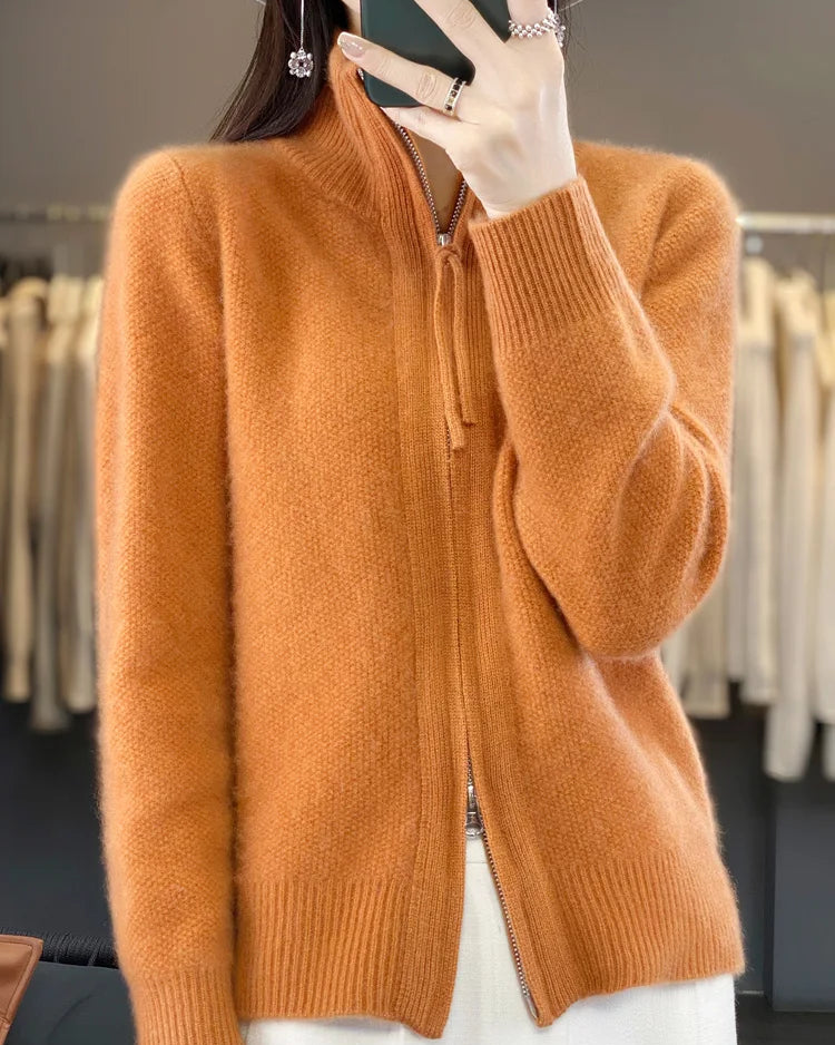 Merino Wool Blend Double Zip Tassel Open Cardigan